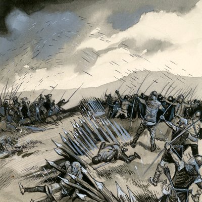 イギリスの射手がフランスの騎兵隊を破壊したクレシーの戦い 作： English School