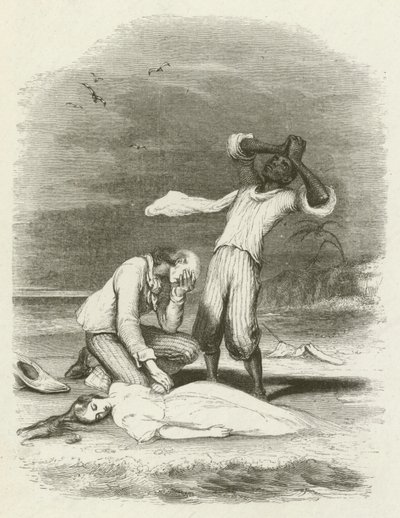 砂の中から発見されたヴァージニアの遺体（彫刻 作： English School
