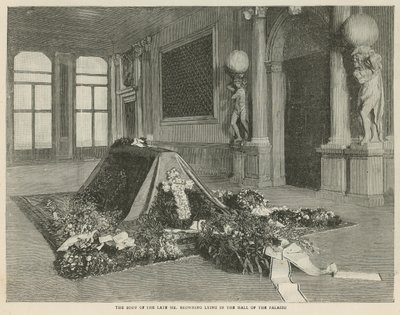 ヴェネツィア、パラッツォレッゾニコのホールに横たわる故ブラウニング氏の遺体 作： English School