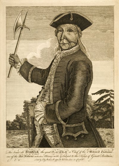 モホーク・インディアンの勇敢な老ヘンドリック・ザ・グレート・サケム（酋長）、pub.1755年（エングレーヴィング） 作： English School