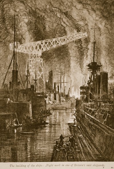 船の建造：1914〜19年、イギリスの広大な造船所での夜間作業 作： English School