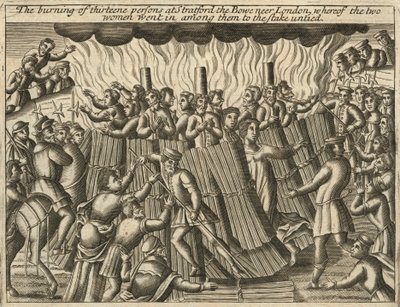 ストラトフォード・ル・ボウでの13人の焼身自殺（エングレーヴィング） 作： English School