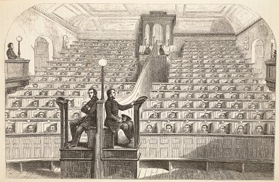 礼拝中のペントンビル刑務所にある別のシステムのチャペル、ロンドンの刑務所刑務所のイラスト、およびヘンリーメイヒューとジョンビニーによる刑務所の生活のシーン。 1862 作： English School