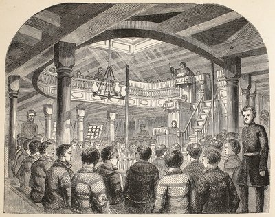 ロンドンの刑事刑務所からのイラストと、ヘンリーメイヒューとジョンビニーによる刑務所の生活からのシーンのイラスト。 1862 作： English School