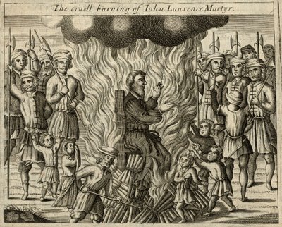 殉教者ジョン・ローレンスの残酷な火刑（エングレーヴィング） 作： English School