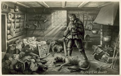 ウィリアム・ロバート・スペンサーの詩「Beth Gelert; or, the Grave of the Greyhound」から、ルウェリンの愛犬ゲラートの死の場面（リトグラフ版 作： English School