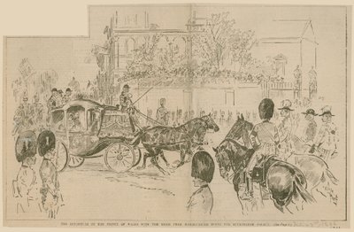 1896年7月23日、バッキンガム宮殿のマールボロ邸から花嫁と一緒にプリンスオブウェールズを出発 作： English School