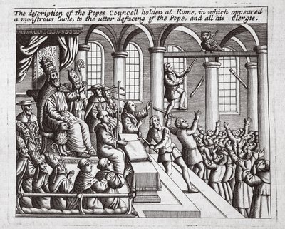 ローマで開催された教皇評議会の説明で、巨大なフクロウが現れたローマでは、教皇、および彼のすべての聖職者、ジョンフォックスによる使徒および記念碑からの図解、第9版 作： English School