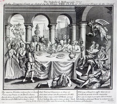 悪魔のような仮面舞踏会、または地獄のサマセットハウスでの地獄の火クラブによって演じられたドラゴンのごちそう、c.1721 作： English School