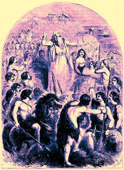 ドルイド人が英国人にローマ人の上陸に反対するように扇動し、Cassells Illustrated Universal Historyのエドワード・オリエールによるイラスト、1890年に発行（デジタル強化画像） 作： English School