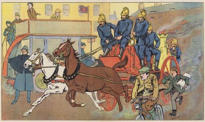 颯爽と救助に向かう消防車（カラーリトグラフ） 作： English School