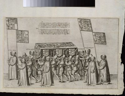 テオドール・ド・ブライ（1528-1598）によって彫刻された、1587年にセントポール大聖堂に向かう途中のフィリップシドニー卿（1554-1586）の葬儀の葬儀 作： English School