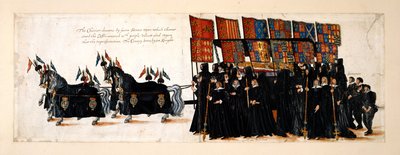 1603 年 4 月 28 日、ウェストミンスター寺院に向かう女王エリザベス 1 世の葬列。戦車は 4 頭の馬によって引かれます。 棺は紫のベルベットで覆われており、その上に女王の像が置かれています。 天蓋は紳士年金受給者を含む6人の騎士によって生まれます 作： English School