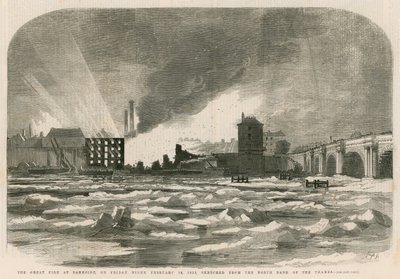 テムズ川の北岸からスケッチされた1855年2月14日金曜日の夜のバンクサイドでの大火 作： English School
