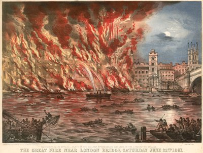1861年6月22日土曜日、ロンドンブリッジ近くの大火事 作： English School