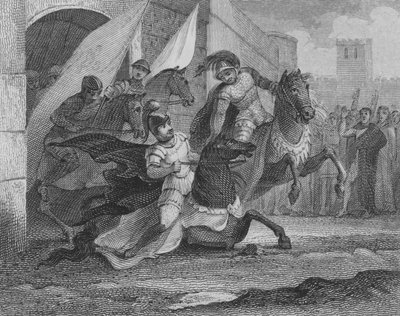 ロンバードの王アルボインの馬は、572年にパヴィアの街に入ると落ちる。 作： English School