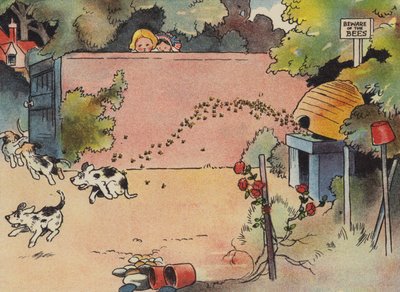 好奇心旺盛な子犬たち、こんなサプライズがあったんですね。カラーリトグラフ 作： English School