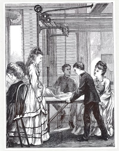 1871年のグラフィックから、ロンドンのテレグラフストリートの郵便局電信本部でメッセージを運ぶための道具 作： English School