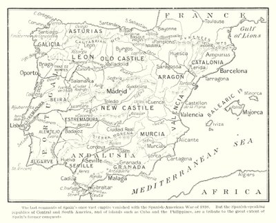 1898年の米西戦争で、かつての広大なスペインの帝国の名残は消滅した（リトグラフ） 作： English School