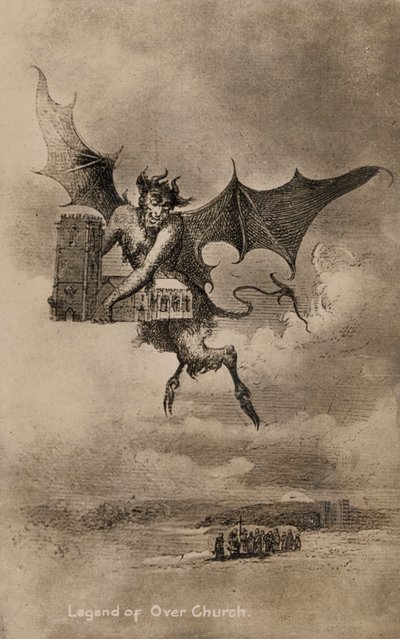 悪魔の伝説とチェシャー州オーバー村の聖チャド教会（リトグラフ版 作： English School