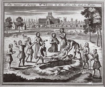 刑務所で亡くなったフィールドにWmワイズマンを埋葬する方法、Foxes Martyrs c.1703の図解 作： English School