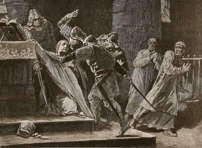 カンタベリー大聖堂のベケットの殺害、カッセルズのイラスト入りイングランドの歴史（イラスト、セピア写真） 作： English School