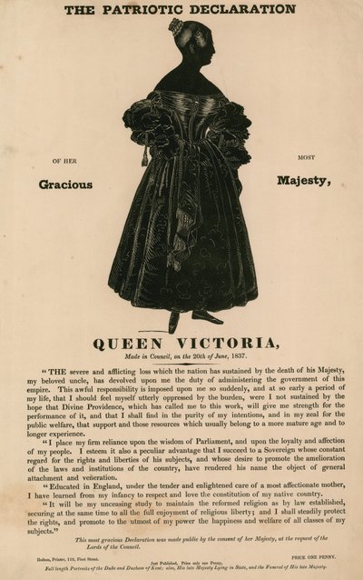 1837年6月20日に評議会で行われた、彼女の最も優雅なビクトリア女王の愛国的な宣言 作： English School