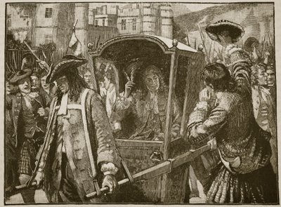 エディンバラの人々がハミルトン公爵をホリールード宮殿に護衛しました、カッセルズイラストレイテッドイングランドオブイングランドのイラスト（セピア写真） 作： English School