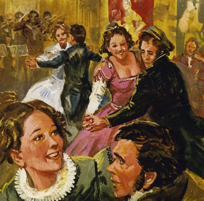 その日の人気のダンスは、ランダーと呼ばれる2ステップのワルツでした。 作： English School