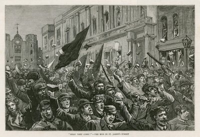 1886年2月8日、ロンドンのウエストエンドでの暴動：ここに来た！ -ロンドンのセントジェームスストリートの暴徒 作： English School
