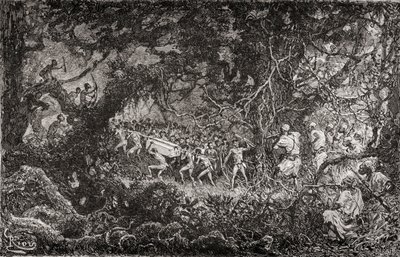 1888年、ヘンリー・モートン・スタンレー卿のエミン・パシャ救援遠征隊の斥候が、弾薬ケースを持ち去るピグミーを発見。 作： English School