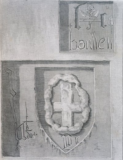1815年にロンドン塔に投獄された囚人と十字架の彫刻中のチューダーローズとアンブーリンの署名 作： English School