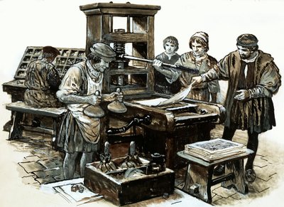 1480年にイギリスで3番目の印刷機がセント・オルバンズに設置された（紙にガッシュ 作： English School