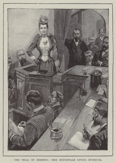 ディミングの裁判、証拠を示すミス・ルースヴィル（版画 作： English School