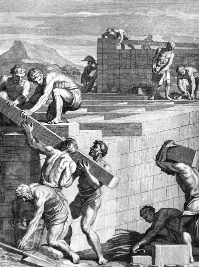 ガリア人の間の町の壁は、Cornelis Huybertsによって彫刻された石と梁の代替コースで構築されており、ウィリアムダンカンによって英語に翻訳されたシーザーズ解説への図解、 作： English School