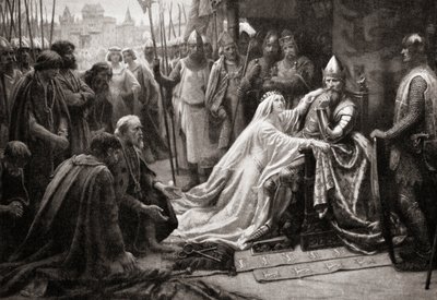 The wife of King Edward III, queen Philippa of Hainault, intercedes before her husband to ask that the lives of the seven Burghers of Calais be spared (print)   1439793   ja       japanese Successfully Translated  Original: Portrait of actor and director C 作： English School