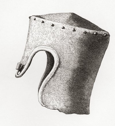 1841 年にモンゴメリー城で発掘された 13 世紀の鼻付きの円筒形のフラットトップ ヘルメット。1868 年に出版された『英国陸軍: その起源、進歩、装備』より。 作： English School
