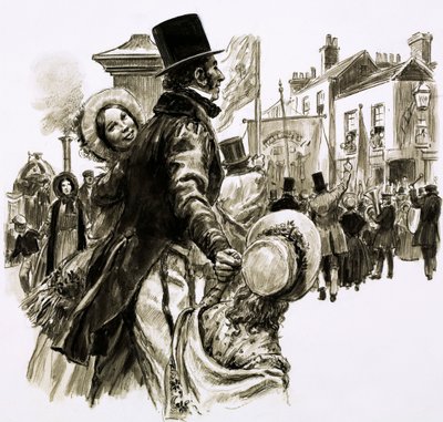 トーマス・クックは1841年に最初のツアーを企画した（紙にガッシュ 作： English School