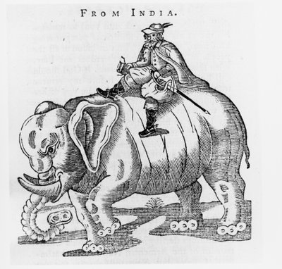 象に乗ったトーマス・コリエーテ（c.1577-1617）、 『コリヤトの信仰のインドからの手紙』第3巻、1776年発行 作： English School