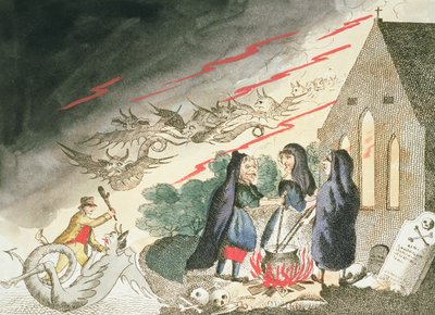 墓地の3人の魔女、1790年代頃 作： English School