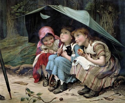 Three little kittens（傘の下でくつろぐ女の子と子猫） - 英国製クロモリトグラフィー 作： English School