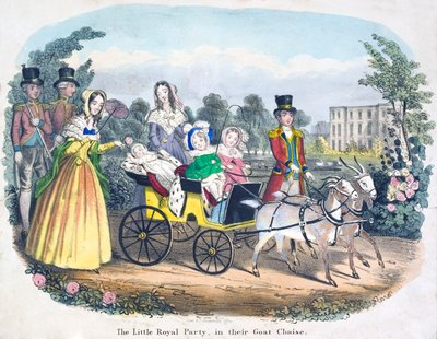 ヤギの引く馬車に乗るヴィクトリア女王の3人の子供たち（カラーリトグラフ 作： English School