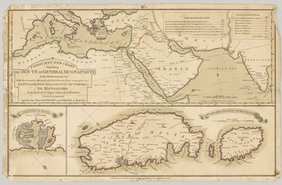 3つの印刷された色付き地図：地中海のボナパルト将軍のルートを示すフェアバーンの新しいチャート、1798年 作： English School