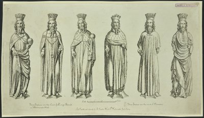 ウェストミンスターホールの王座裁判所の上の3つの彫像と、1784年の大法官裁判所の上の3つの彫像 作： English School