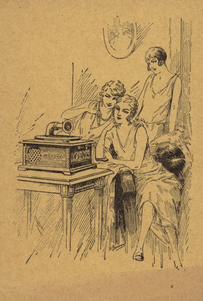 レコードプレーヤーを聴く3人の若い女性（エングレーヴィング） 作： English School