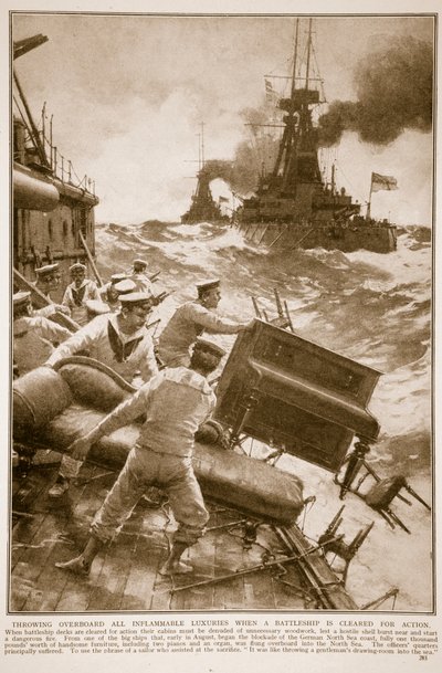 戦艦がアクションのためにクリアされたときにすべての可燃性の贅沢品を船外に投げる、1914-19 作： English School