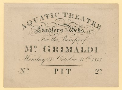 1813年10月11日、グリマルディ氏の利益のためのアクアティックシアターのチケット 作： English School