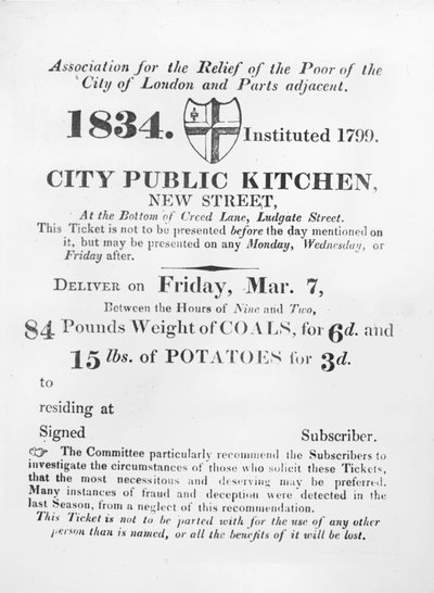 1834年にロンドンのニューストリートにあるシティパブリックキッチンから石炭とジャガイモを受け取るために貧困層に発行されたチケット 作： English School