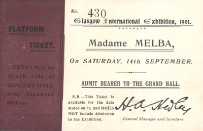 1901年のグラスゴー国際展示会でネリーメルバを聴くためのチケット（印刷） 作： English School