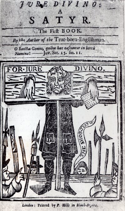 1706年に発行された、Jure Divinoの最初の本のタイトルページ-Daniel Defoe（1660-1731）によるサテュロス 作： English School